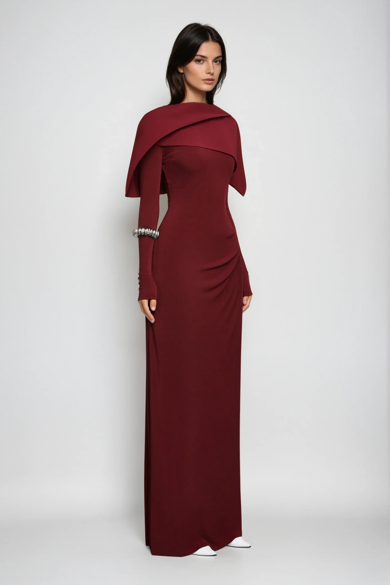 Cabdulqaadir Shawl Ruch Bodycon Maxi Dress in Red