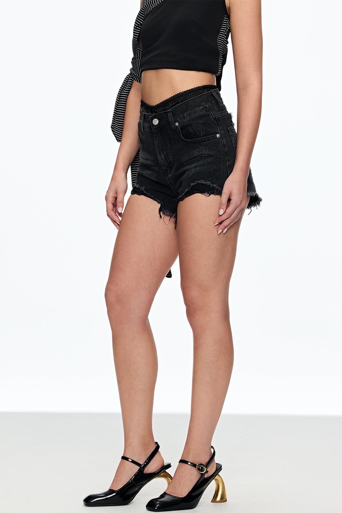 Caecilius Lace Denim Shorts in Black