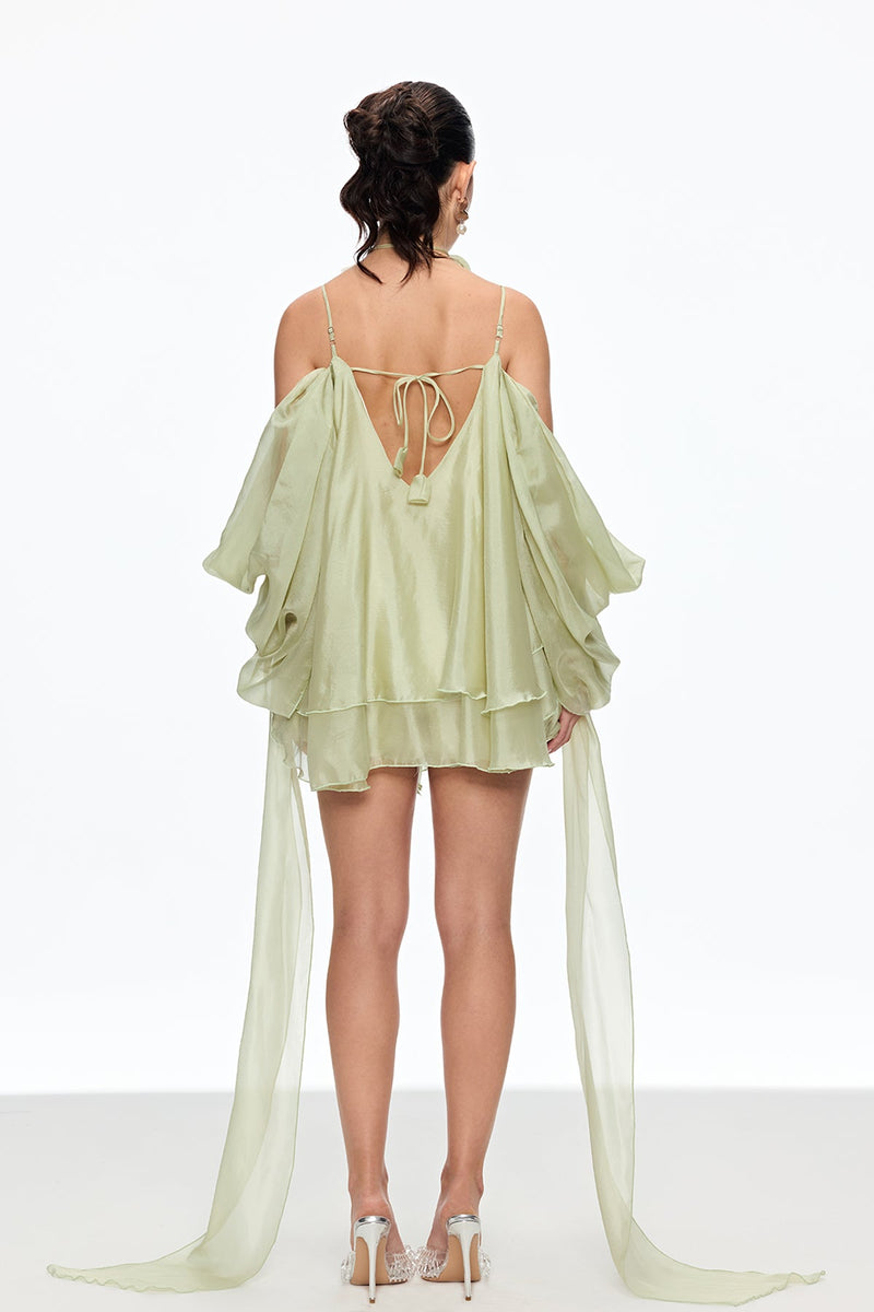Caetana Ruffle Lace Up Fringe Mini Dress