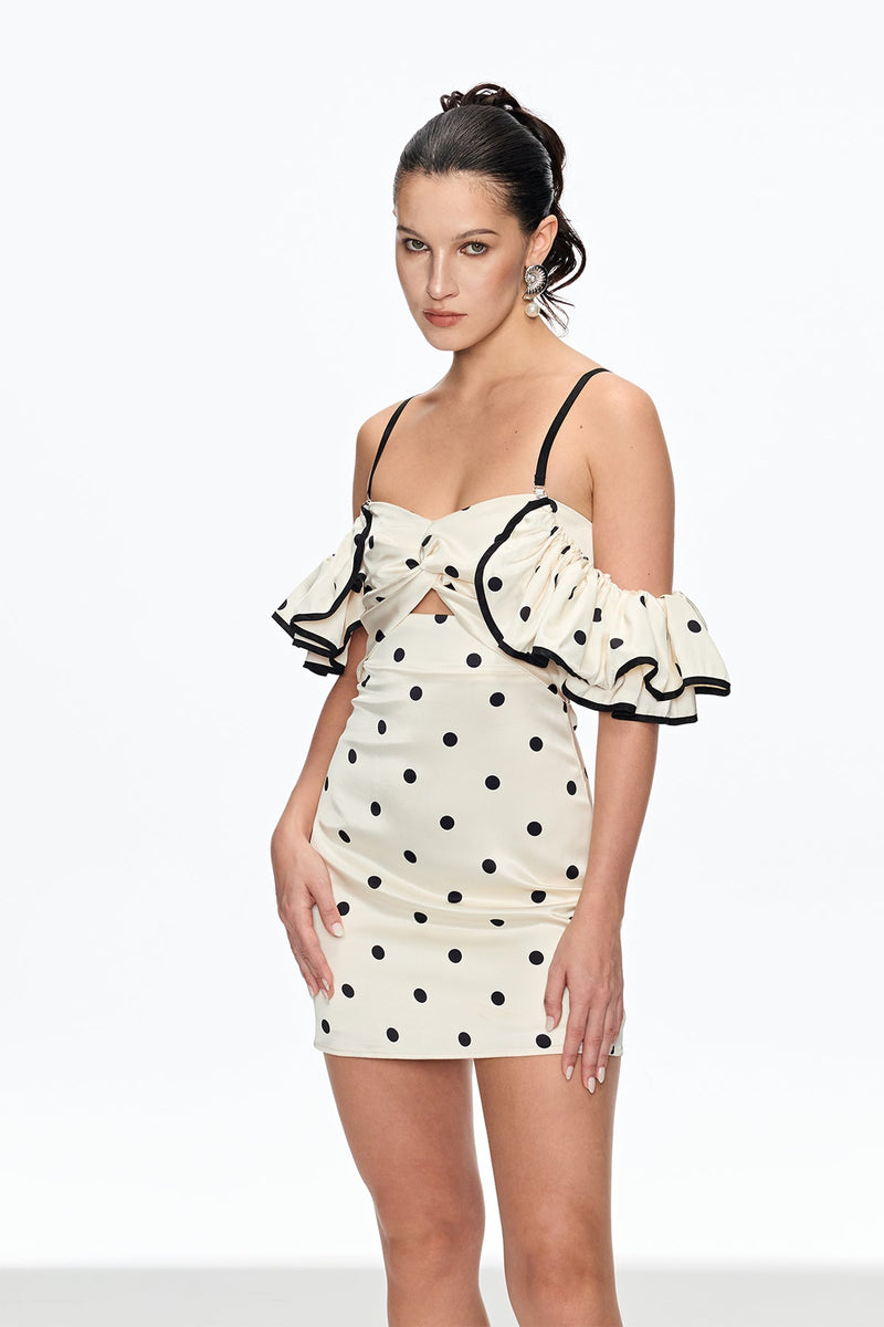 Caj Dot Off Shoulder Mini Dress in White