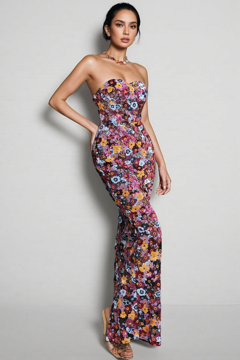 Cyria Strapless Flower Sequin Maxi Dress