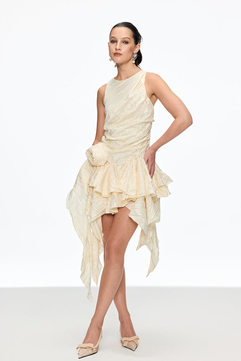 Caleb Flower Ruch Asymmetric Mini Dress in Apricot