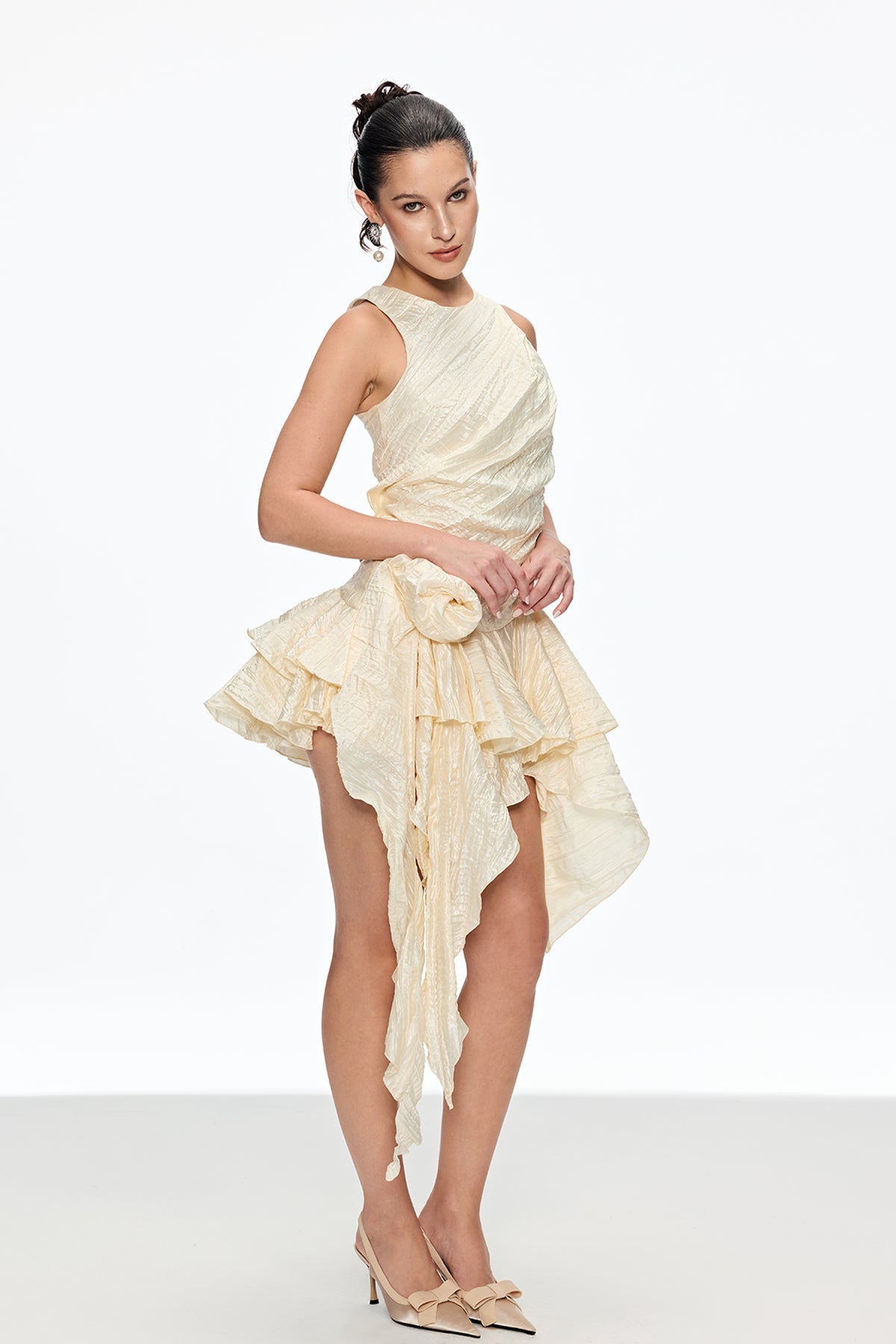 Caleb Flower Ruch Asymmetric Mini Dress in Apricot