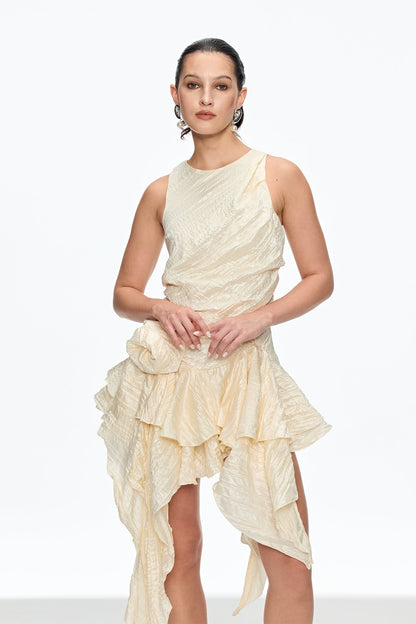 Caleb Flower Ruch Asymmetric Mini Dress in Apricot