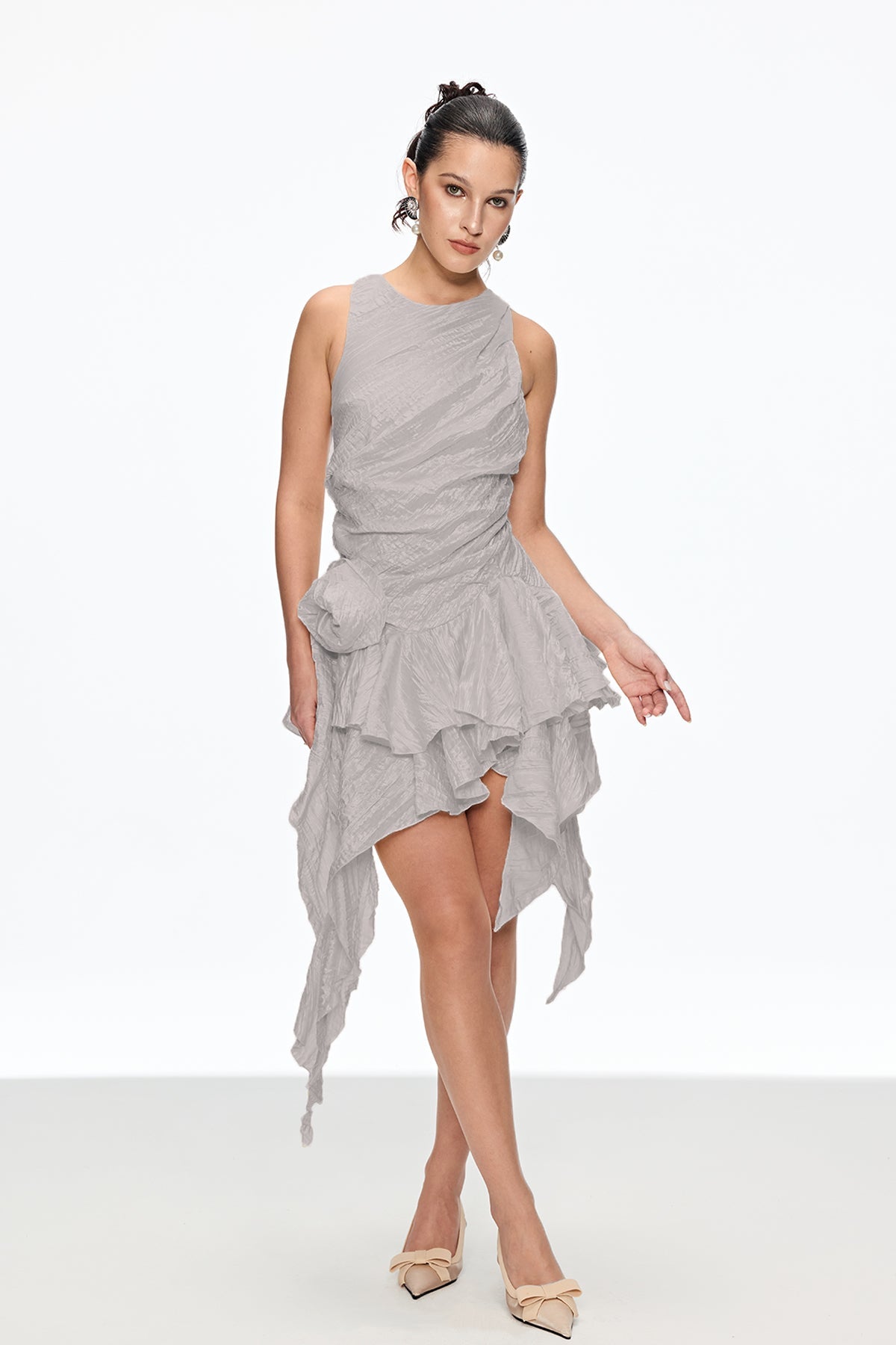 Caleb Flower Ruch Asymmetric Mini Dress in Grey