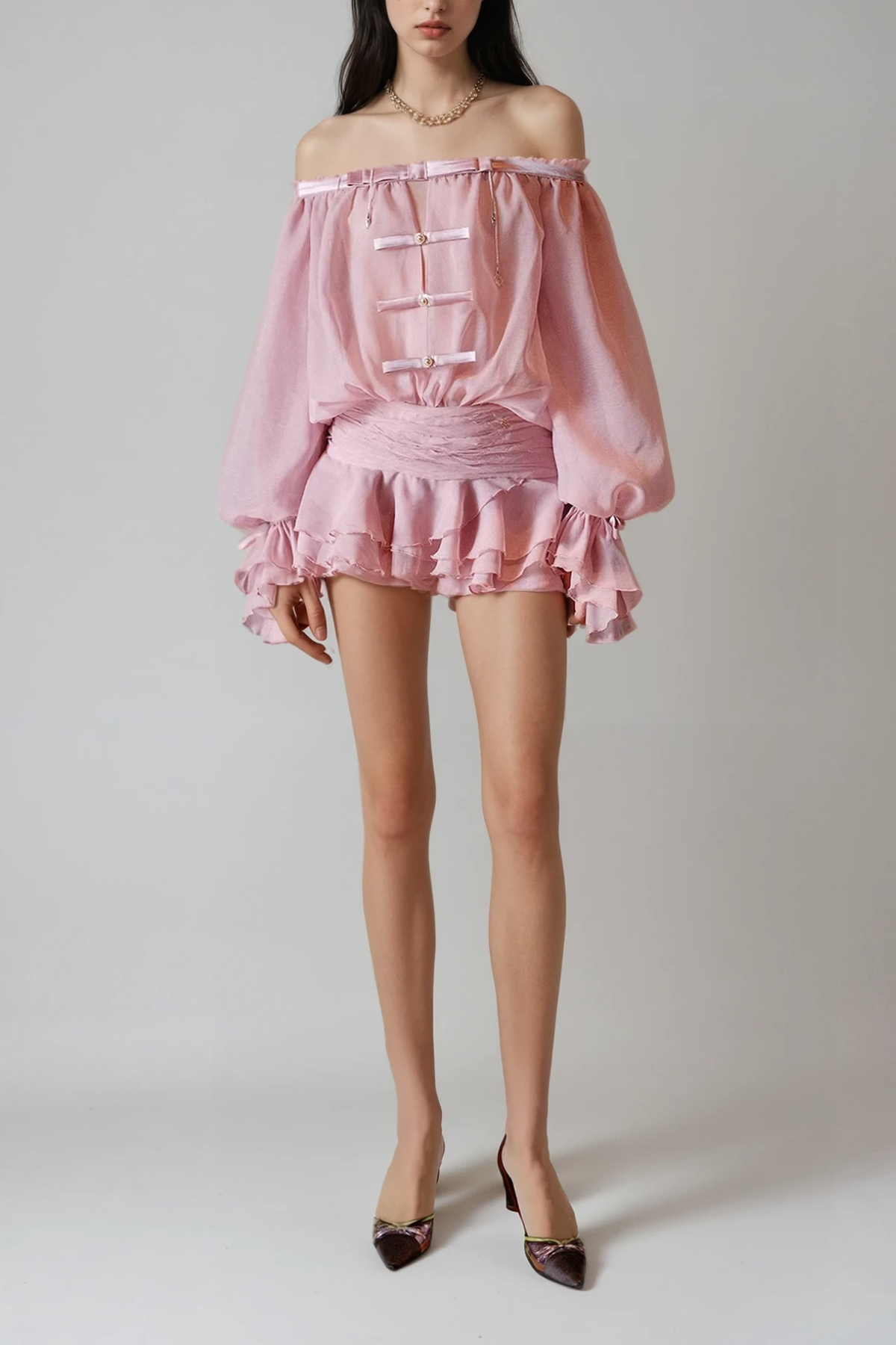 Calista Bow Off Shoulder Ruch Mini Dress in Pink