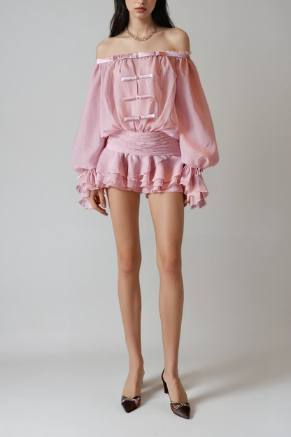 Calista Bow Off Shoulder Ruch Mini Dress in Pink
