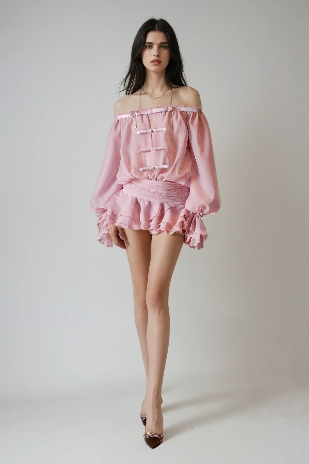 Calista Bow Off Shoulder Ruch Mini Dress in Pink