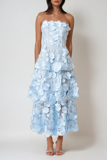 Camelia Strapless Embroidered Flower Maxi Dress in Blue
