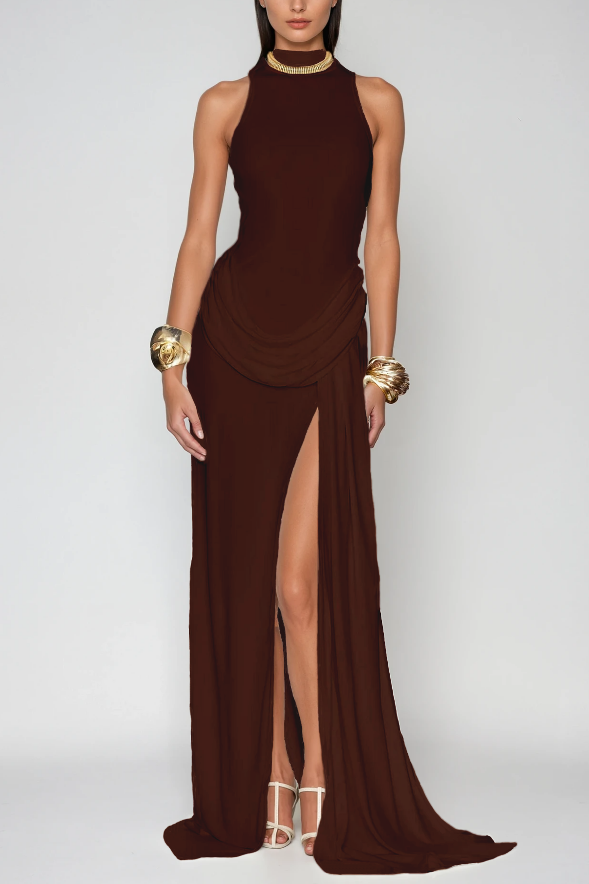 Canaan Ruch Sleeveless Split Maxi Dress in Brown