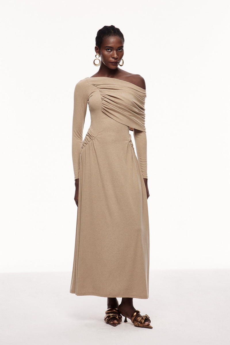 Candi Ruch Asymmetric Maxi Dress in Khaki