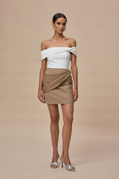 Candide Off Shoulder Ruch Mini Dress