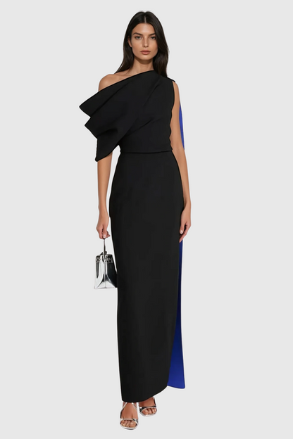 Candidus Shawl Ruch Asymmetric Midi Dress in Black