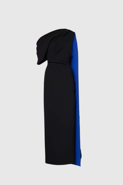 Candidus Shawl Ruch Asymmetric Midi Dress in Black