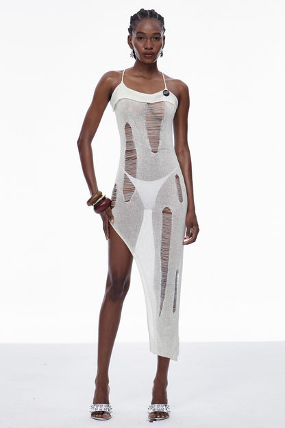 Capri Spaghetti Cutout Knit Maxi Dress in Apricot