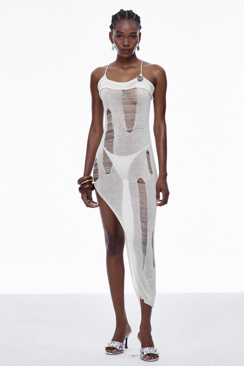Capri Spaghetti Cutout Knit Maxi Dress in Apricot