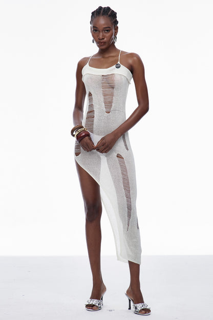 Capri Spaghetti Cutout Knit Maxi Dress in Apricot
