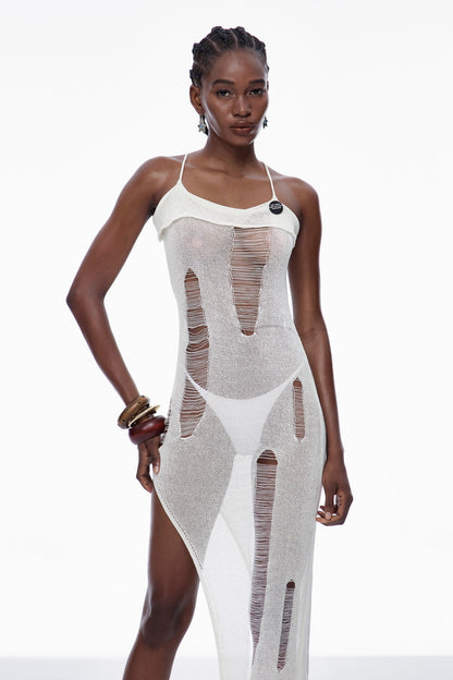 Capri Spaghetti Cutout Knit Maxi Dress in Apricot