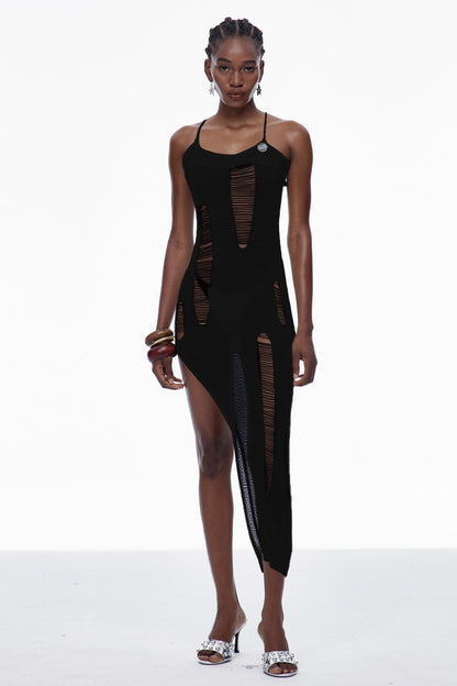 Capri Spaghetti Cutout Knit Maxi Dress in Black