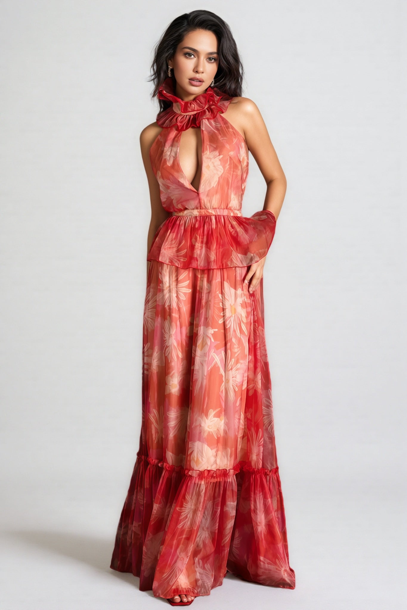 Pia V-neck Ruffle Maxi Dress