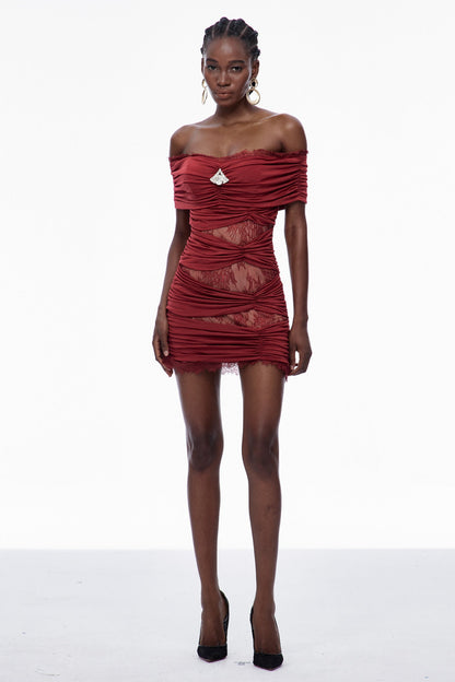 Carine Lace Ruch Off Shoulder Mini Dress