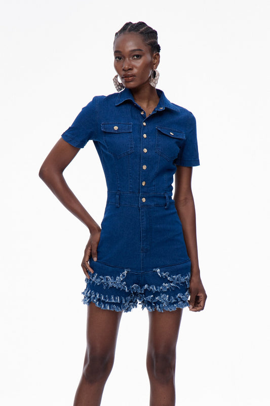 Carla Bodycon Fringe Denim Jumpsuit