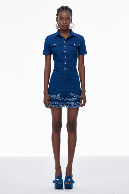 Carla Bodycon Fringe Denim Jumpsuit