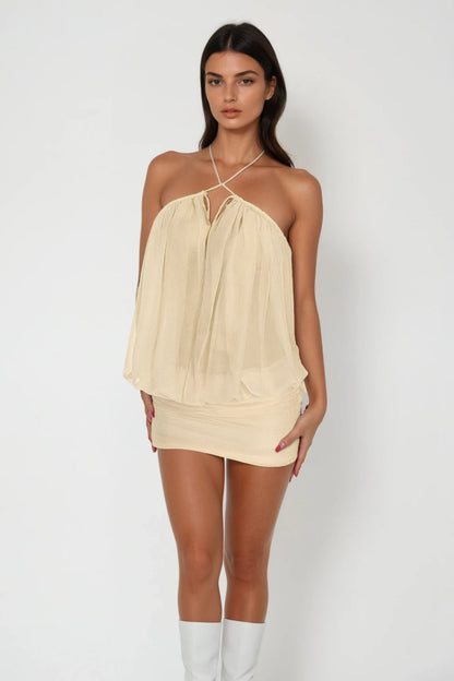 Carola Mesh Ruch Plunge Mini Dress in Apricot