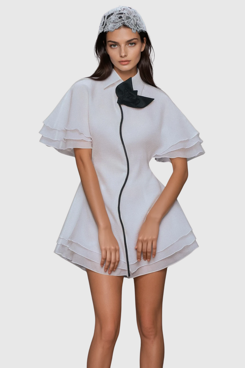 Carolus Lapel Ruffle Mini Dress in White