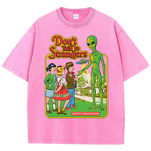 Cartoon Alien Classic Communication Print T-shirt Breathable Cotton Short Sleeve Washed Worn Out Female T Shirts