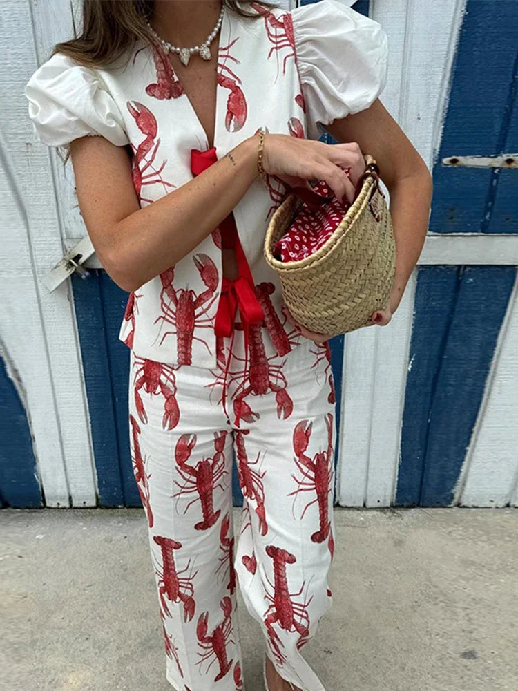 Cartoon Cray Printing Long Pants Set for Summer Short Sleeve Shirt High Waist Wide Leg Pant 2 Piece Sets Lady Outfits