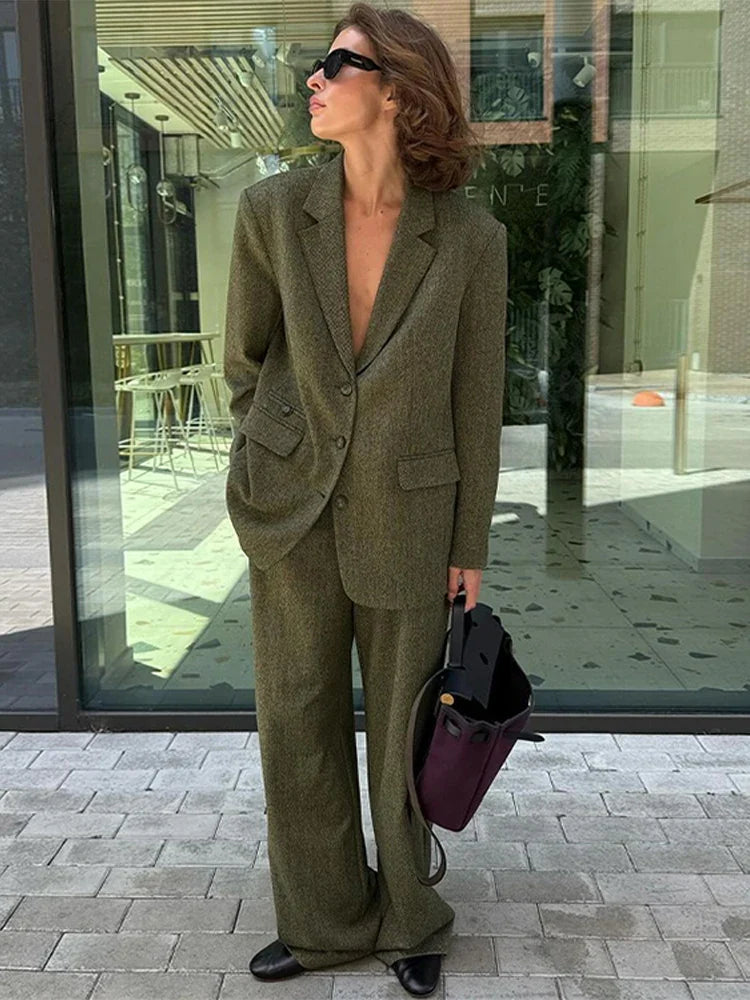 Turn-down Collar Loose Trousers Office Two Piece Set