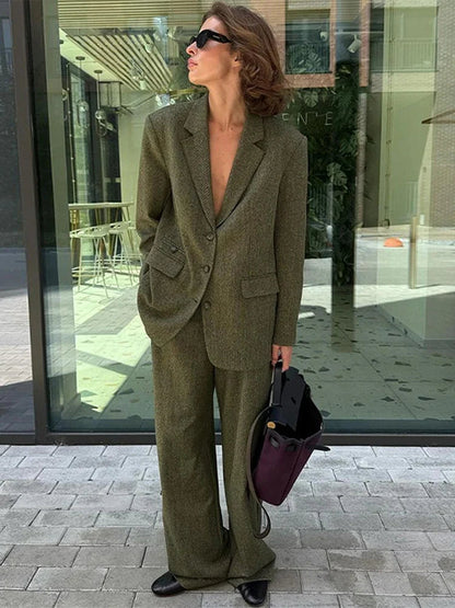 Turn-down Collar Loose Trousers Office Two Piece Set