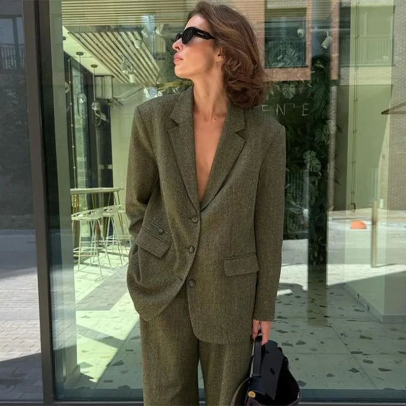 Turn-down Collar Loose Trousers Office Two Piece Set