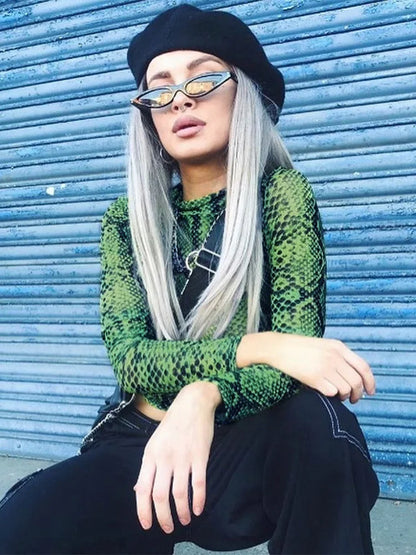 Green Snake Print T Shirt Mesh Top Long Sleeve Transparent Snakeskin Female T-shirt High Neck Crop Tops