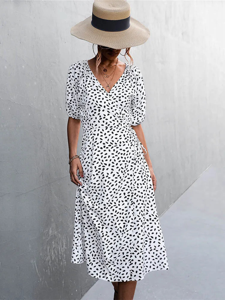 Chiffon Side Wrap Polka Dot Puff A-line Split Midi Dresses