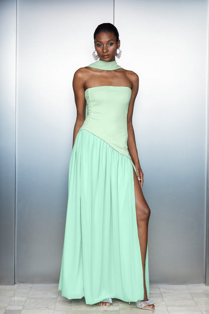 Cathaoir Ruffle Asymmetric Split Maxi Dress in Green