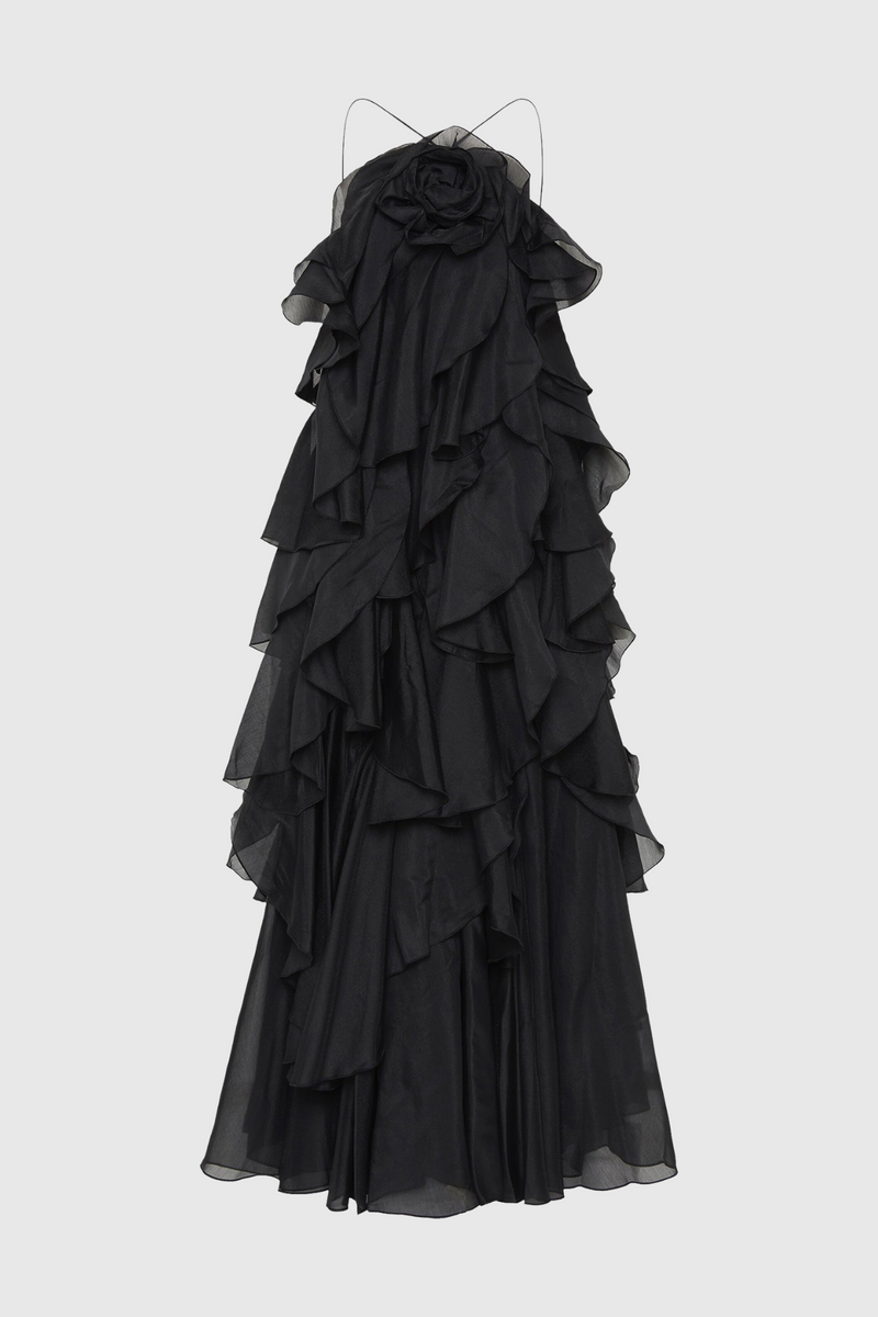 Caysie Halter Ruffle Layered Maxi Dress - Black
