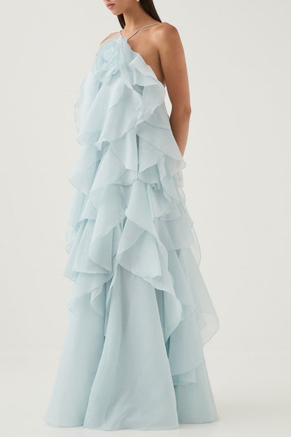 Caysie Halter Ruffle Layered Maxi Dress - Blue