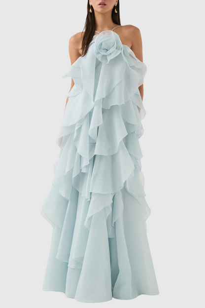 Caysie Halter Ruffle Layered Maxi Dress - Blue