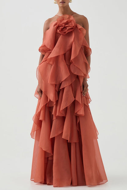 Caysie Halter Ruffle Layered Maxi Dress - Orange
