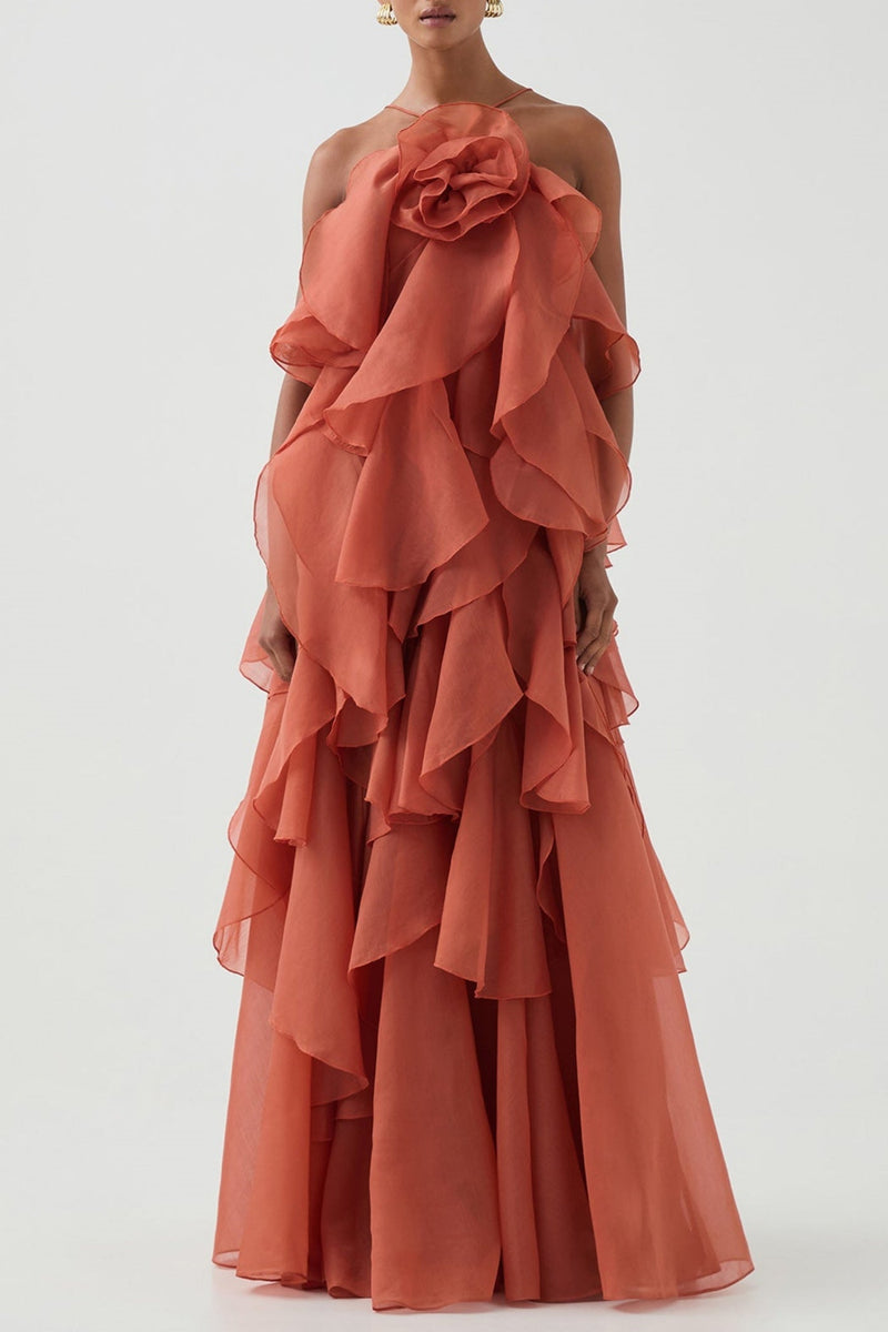 Caysie Halter Ruffle Layered Maxi Dress - Orange