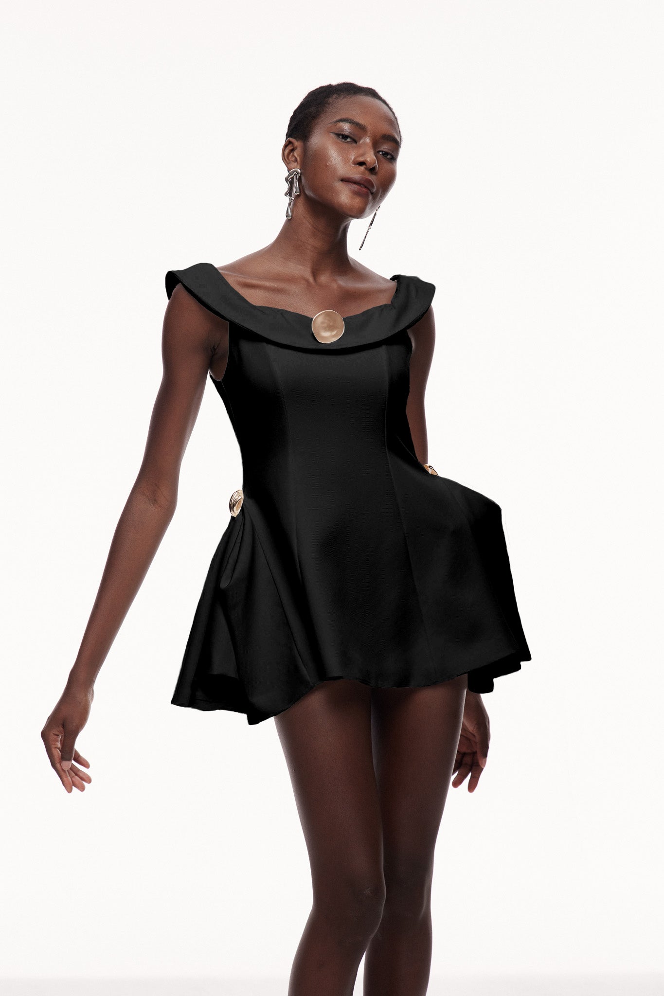 Cecilija Off Shoulder Ruffle Mini Dress in Black