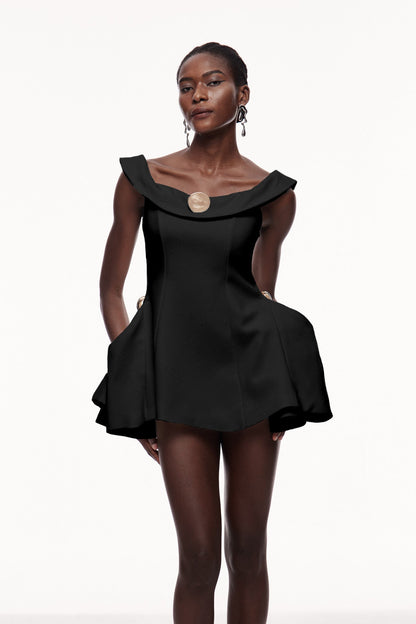 Cecilija Off Shoulder Ruffle Mini Dress in Black