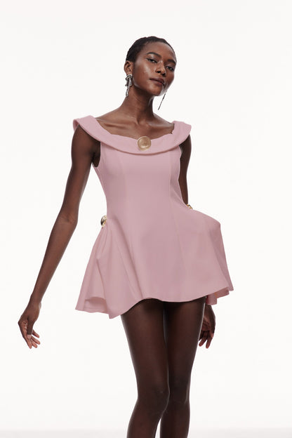 Cecilija Off Shoulder Ruffle Mini Dress in Pink