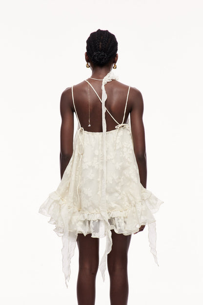 Cecilio Asymmetric Ruffle Puffy Mini Dress in Apricot