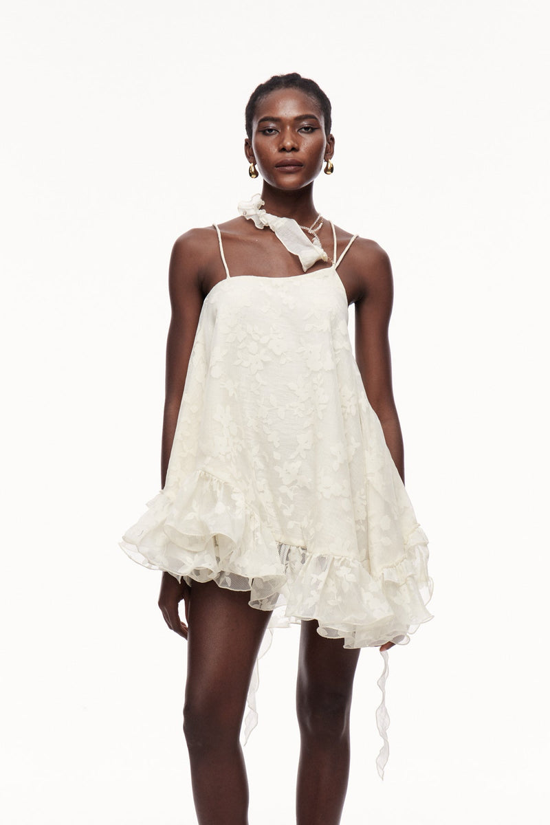 Cecilio Asymmetric Ruffle Puffy Mini Dress in Apricot