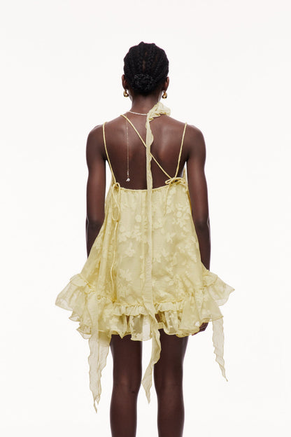 Cecilio Asymmetric Ruffle Puffy Mini Dress in Yellow