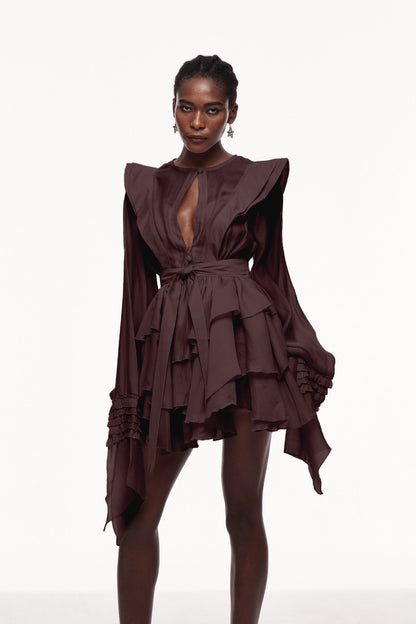 Celsus Ruffle Cutout Mini Dress in Brown