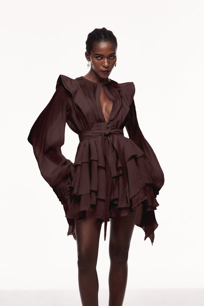 Celsus Ruffle Cutout Mini Dress in Brown